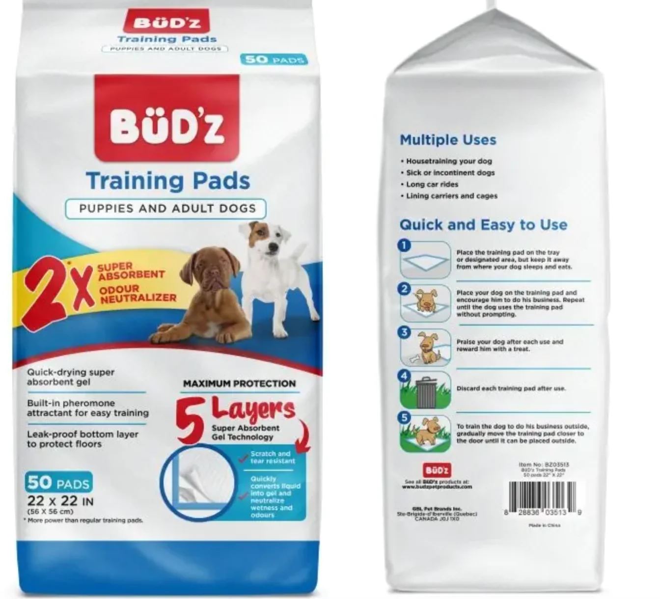 Bud'Z 🍁5 Layer Training Pads 22" x 22" for Puppies and Dogs