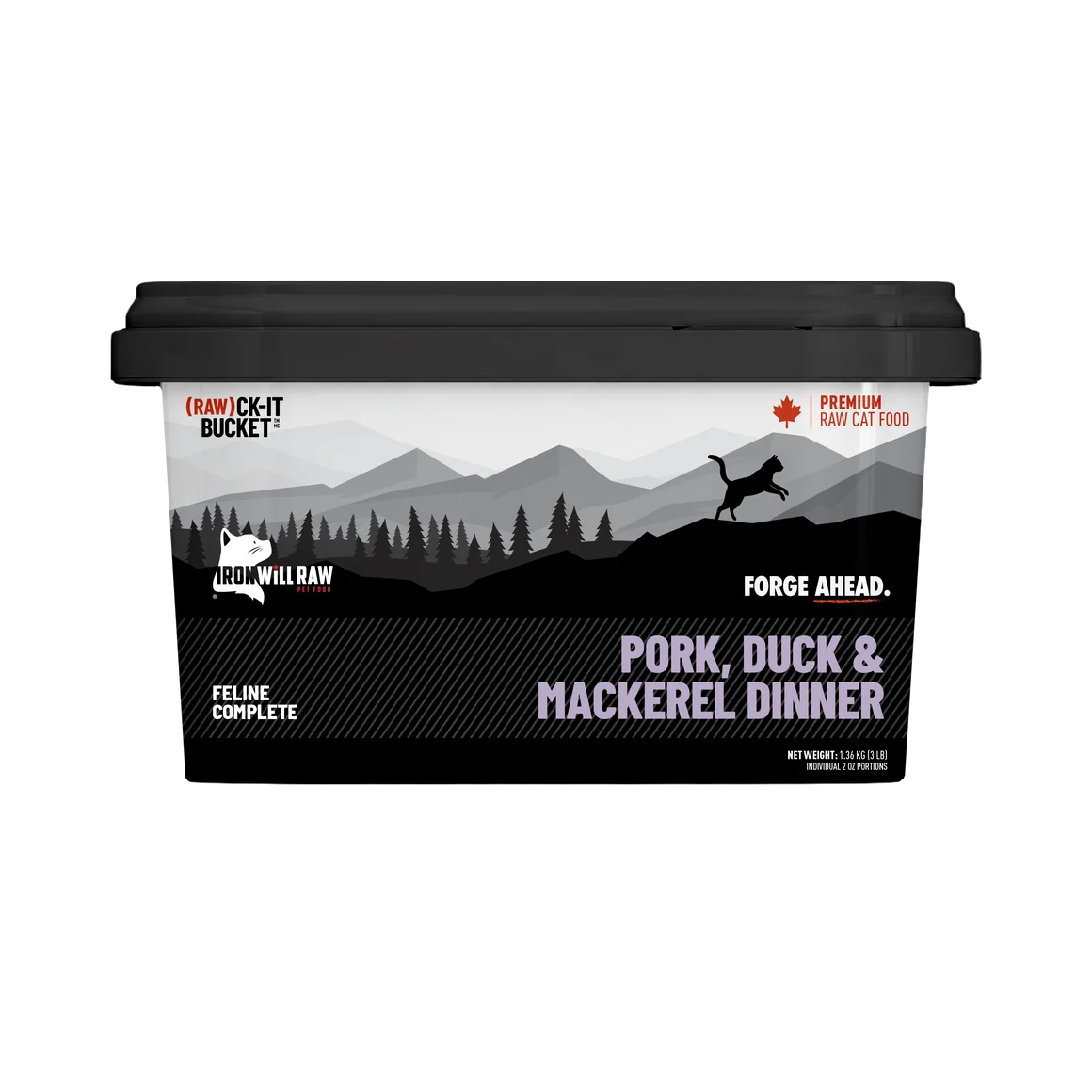 Iron Will Raw® 🍁(RAW)ck-It Bucket Pork, Duck, & Mackerel Frozen Cat Food 3lb