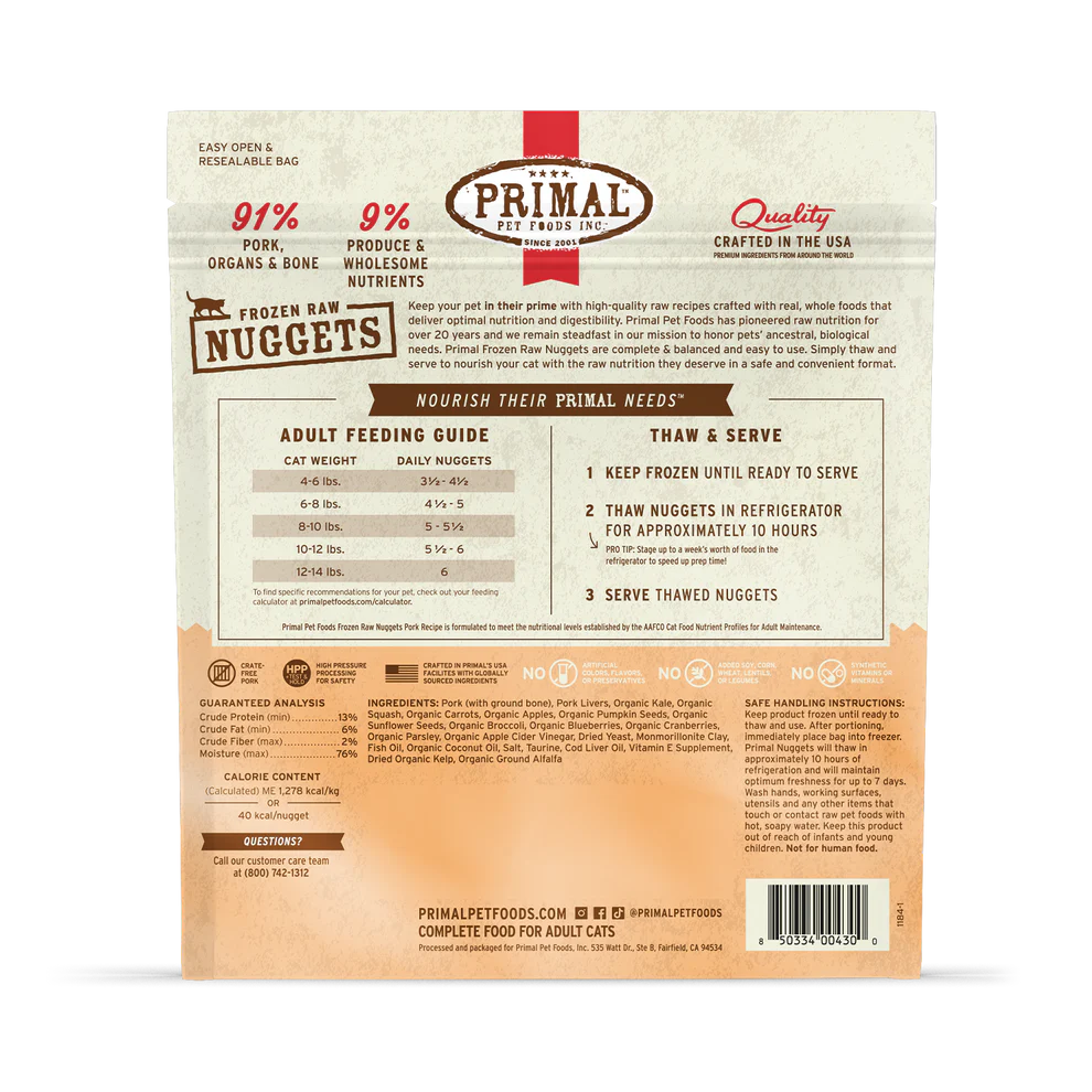 Primal Pet Foods Feline Pork Frozen Nuggets 3Lb