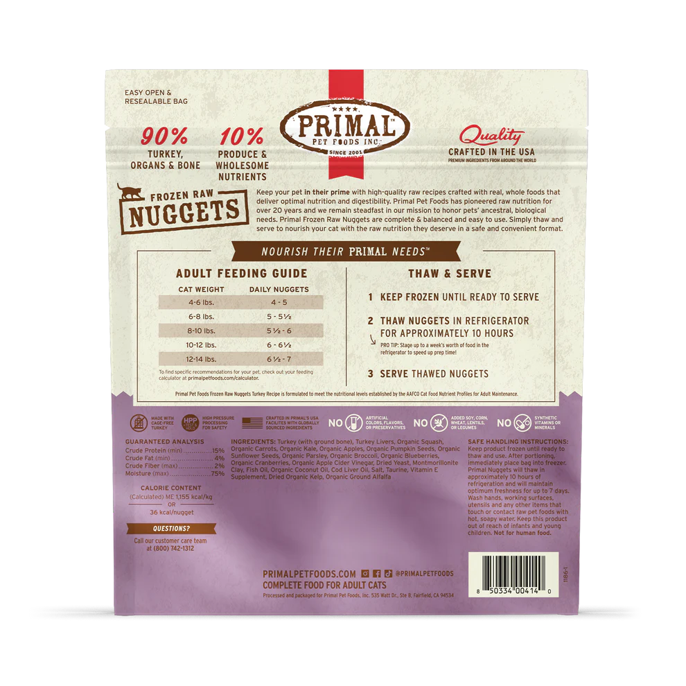 Primal Pet Foods Feline Turkey Frozen Nuggets 3Lb