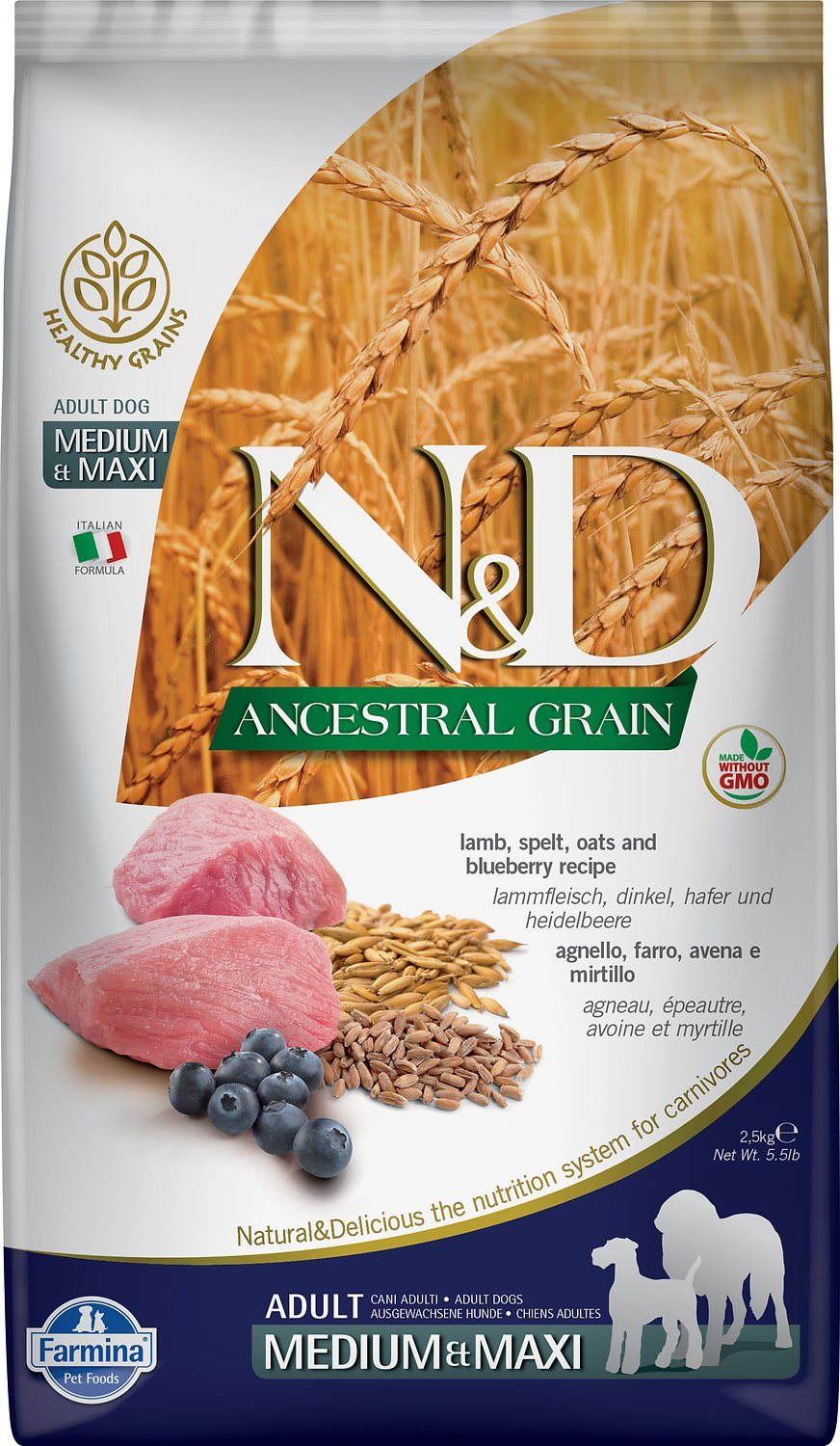 Farmina N & D  Adult Med/Maxi Ancestral Grains Lamb & Blueberry for Dogs 2.5KG