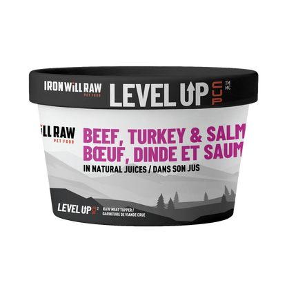 Iron Will Raw®🍁 Level Up Cup Turkey, Beef & Salmon in Natural Juices for Dogs & Cats 4oz
