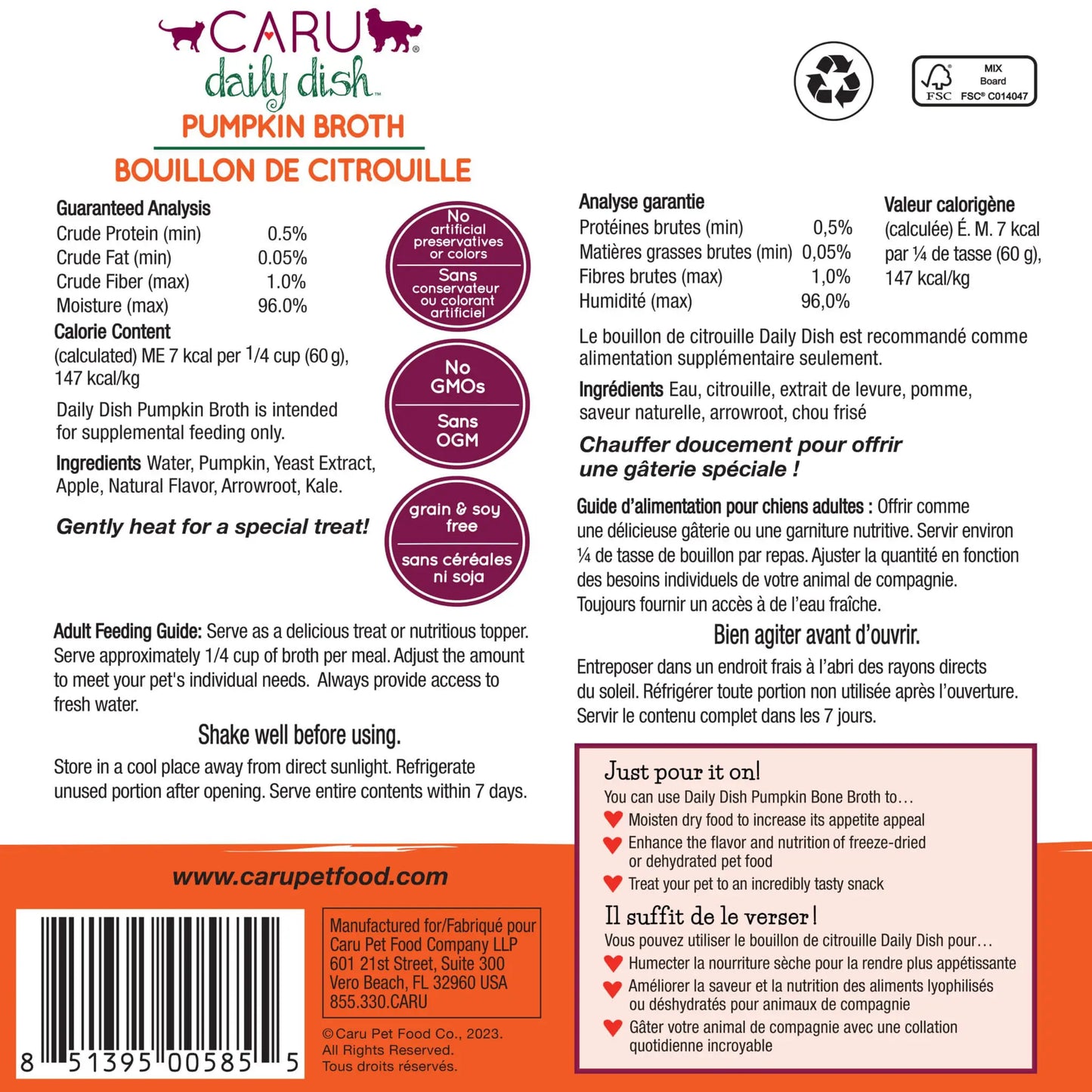 Caru Daily Dish Pumpkin Broth for Dogs & Cats 17.6oz