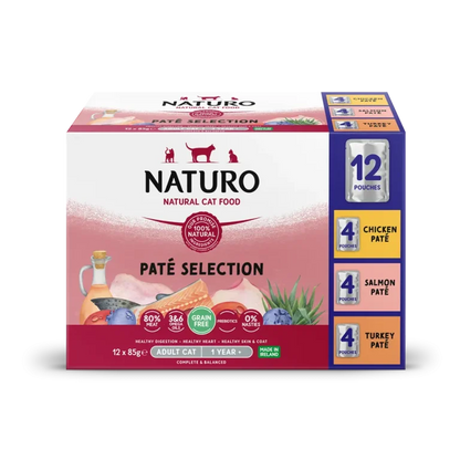 Naturo Cat Variety Pack - Chicken, Salmon and Turkey Pate Pouches 12 x 85g