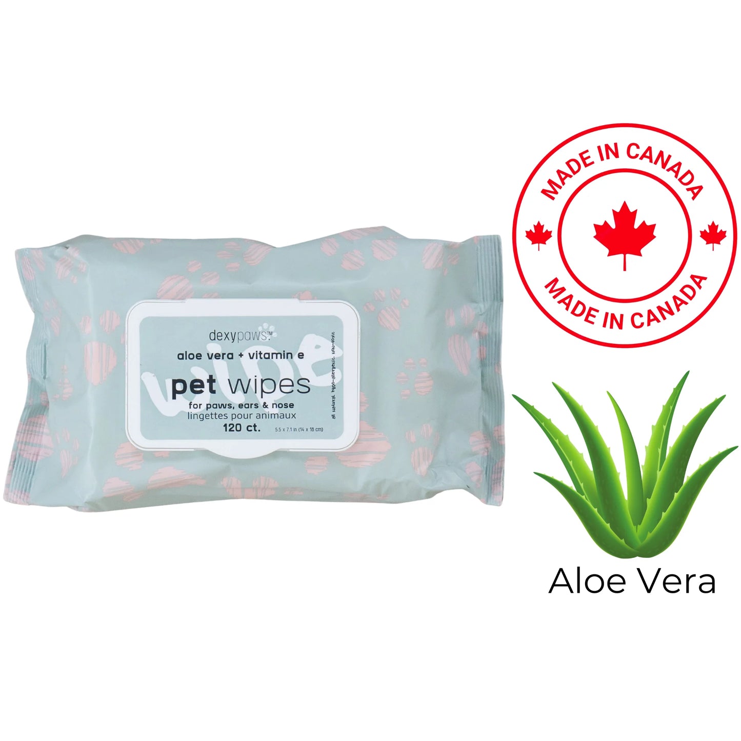 DexyPaws 🍁Cleansing Pet Wipes For Paws, Ears, & Nose, -  Aloe Vera & Vitamin E, 120 Count