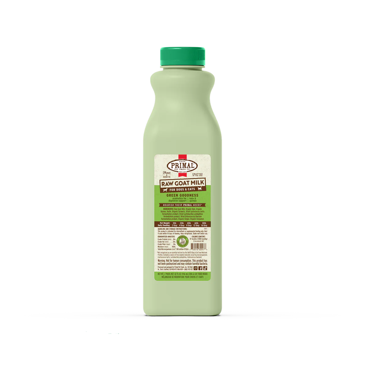 Primal Green Goddess Raw Goat Milk for Cats & Dogs 32oz