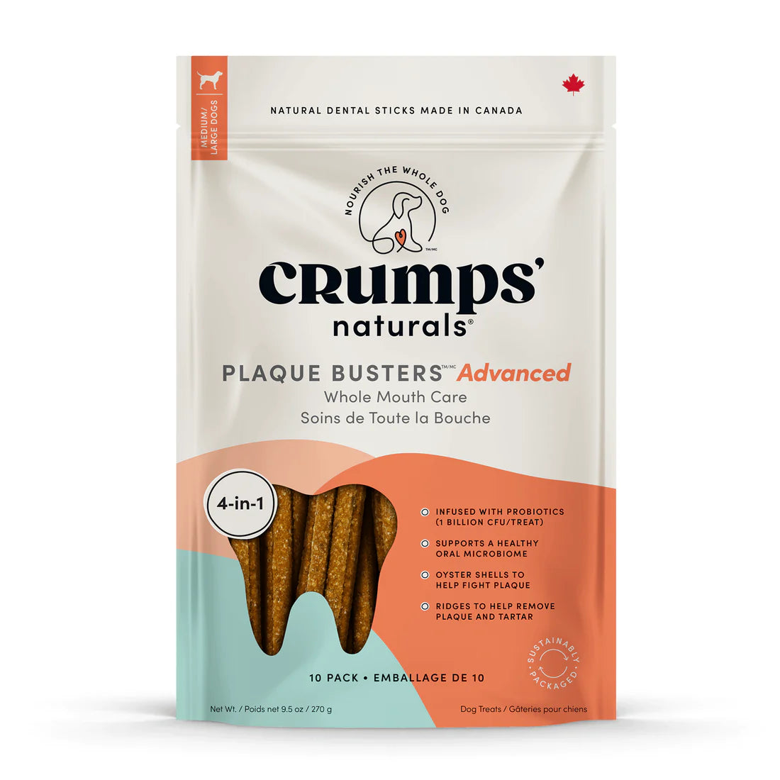Crumps Naturals 🍁Plaque Buster Advanced Whole Mouth Dog Dental Sticks with Probiotics 10-Pack