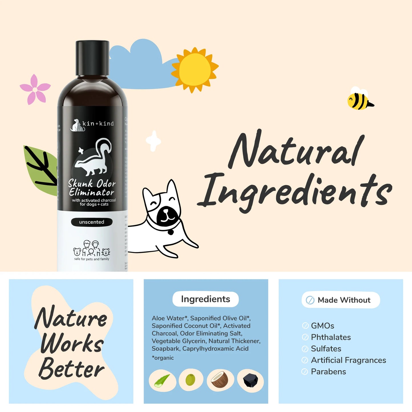 Kin + Kind Skunk Odor Eliminator Pet Shampoo 12oz