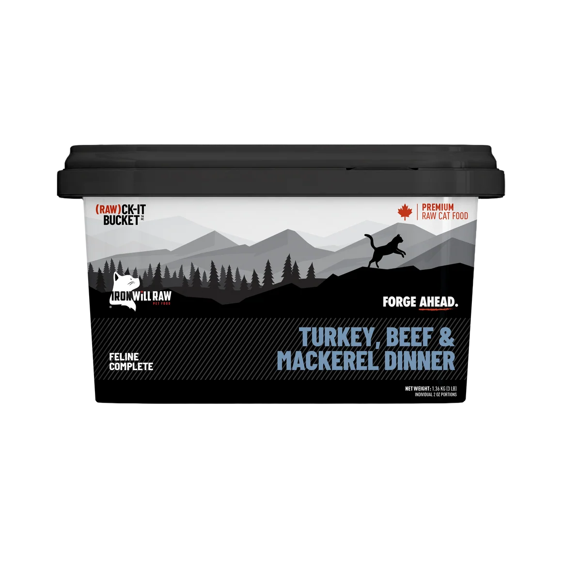 Iron Will Raw® 🍁(RAW)ck-It Bucket Turkey, Beef & Mackerel Frozen Cat Food 3lb