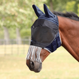Shires Navy FlyGuard Pro Deluxe Fly Mask with Ears & Nose Fringe