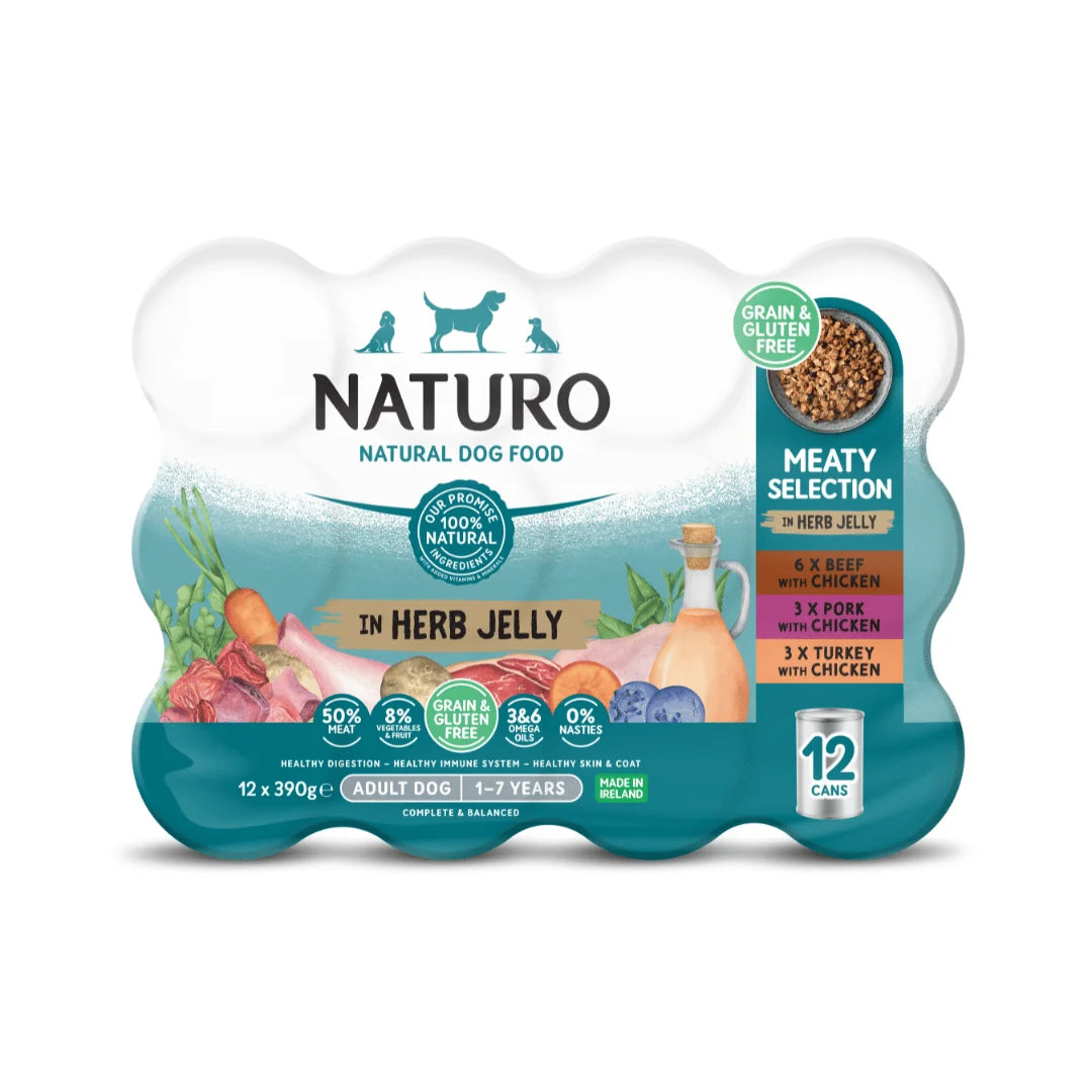 Naturo Adult Grain & Gluten Free Variety 12 Pack in Jelly (Meaty Selection in Herb) – 12 X 390 grams
