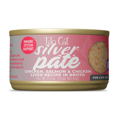 Tiki Cat Silver Pate Chicken, Salmon and Chicken Liver in Broth Cat Food 2.4oz
